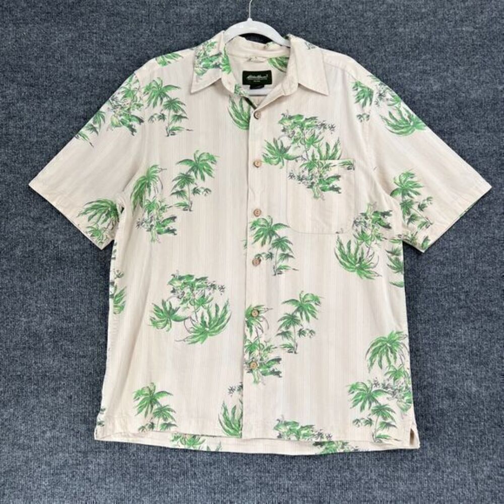 Eddie Bauer Hawaiian Shirt Mens Medium Beige Hula Girl Palm Tree 100% Cotton